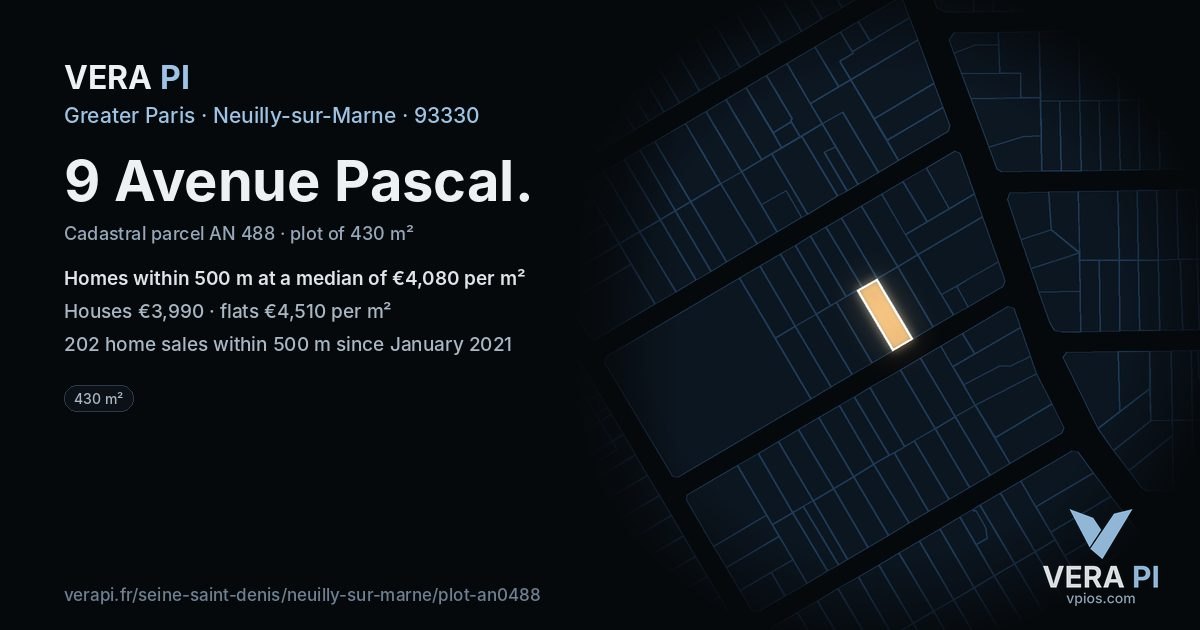 9 Avenue Pascal, Neuilly-sur-Marne at night – the plot lit, the parcels around coloured by the prices near them
