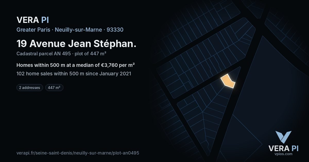 19 Avenue Jean Stéphan, Neuilly-sur-Marne at night – the plot lit, the parcels around coloured by the prices near them