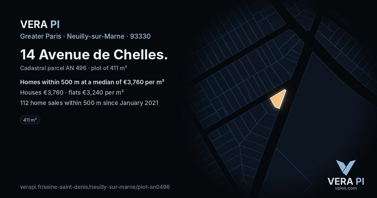 14 Avenue de Chelles, Neuilly-sur-Marne at night – the plot lit, the parcels around coloured by the prices near them