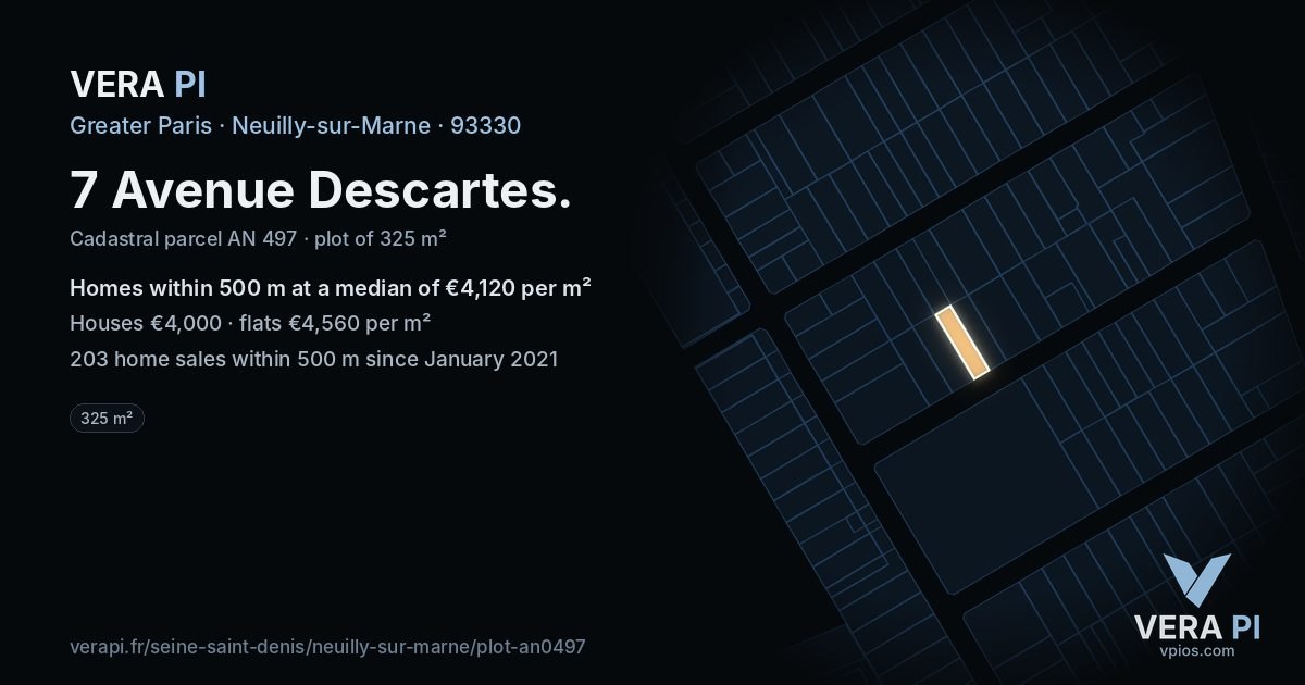 7 Avenue Descartes, Neuilly-sur-Marne at night – the plot lit, the parcels around coloured by the prices near them