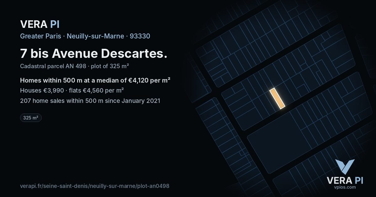 7 bis Avenue Descartes, Neuilly-sur-Marne at night – the plot lit, the parcels around coloured by the prices near them
