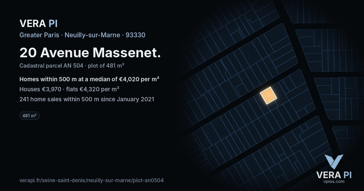 20 Avenue Massenet, Neuilly-sur-Marne at night – the plot lit, the parcels around coloured by the prices near them
