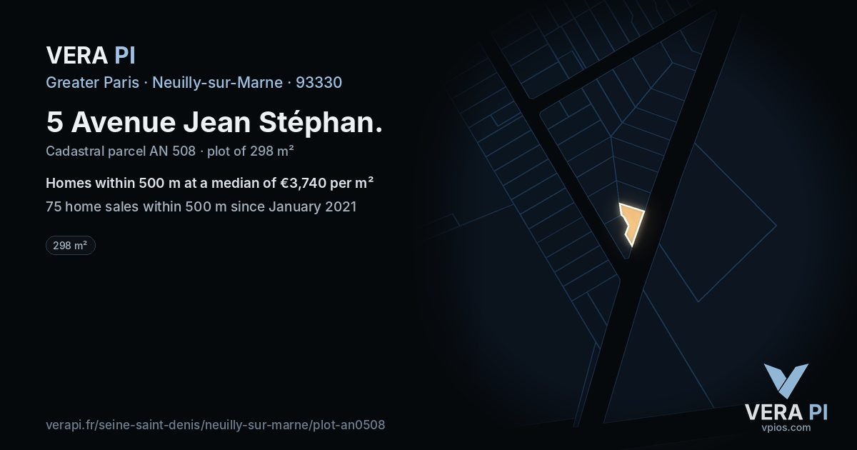 5 Avenue Jean Stéphan, Neuilly-sur-Marne at night – the plot lit, the parcels around coloured by the prices near them
