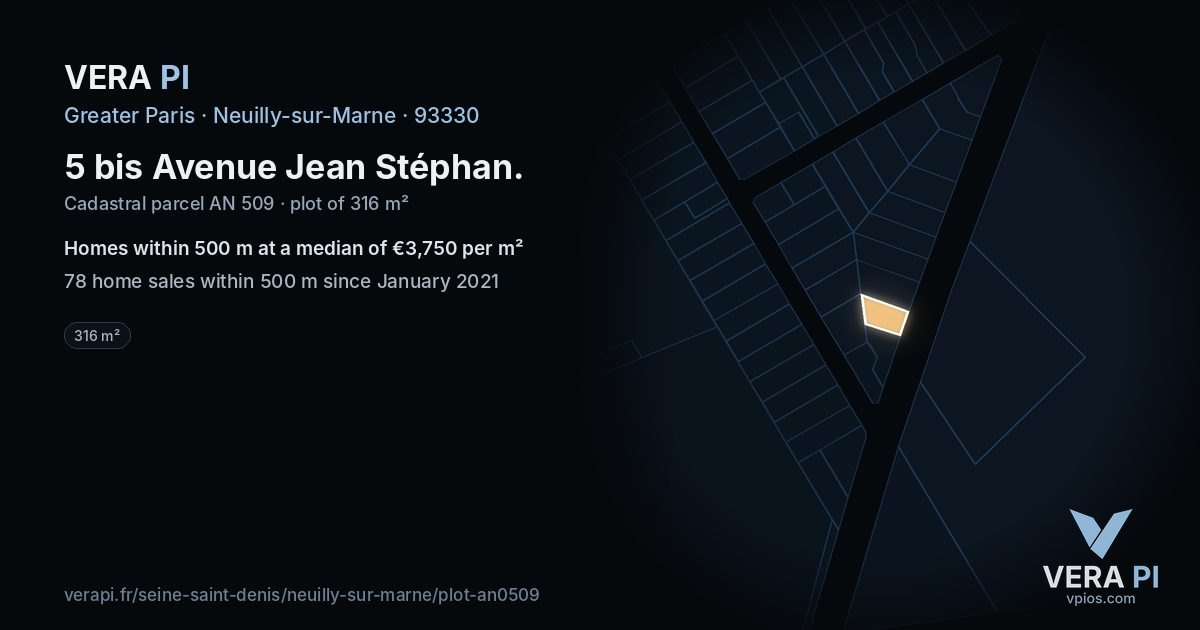5 bis Avenue Jean Stéphan, Neuilly-sur-Marne at night – the plot lit, the parcels around coloured by the prices near them