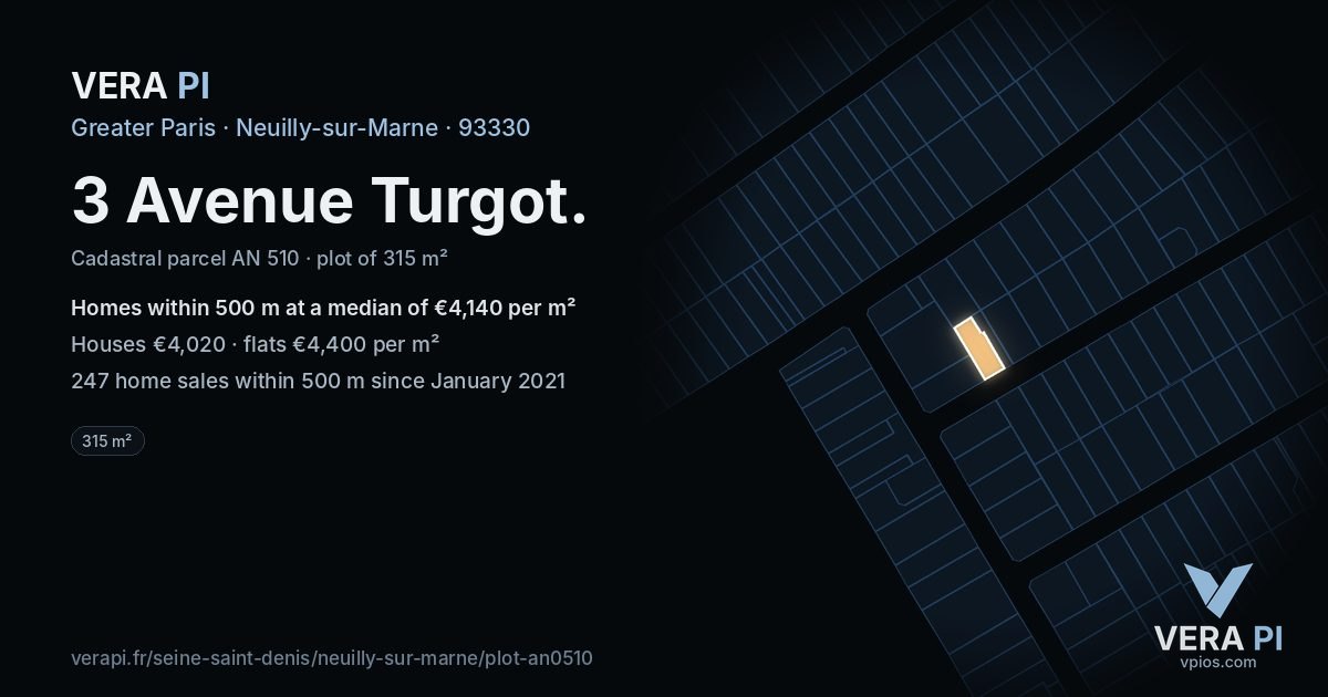 3 Avenue Turgot, Neuilly-sur-Marne at night – the plot lit, the parcels around coloured by the prices near them