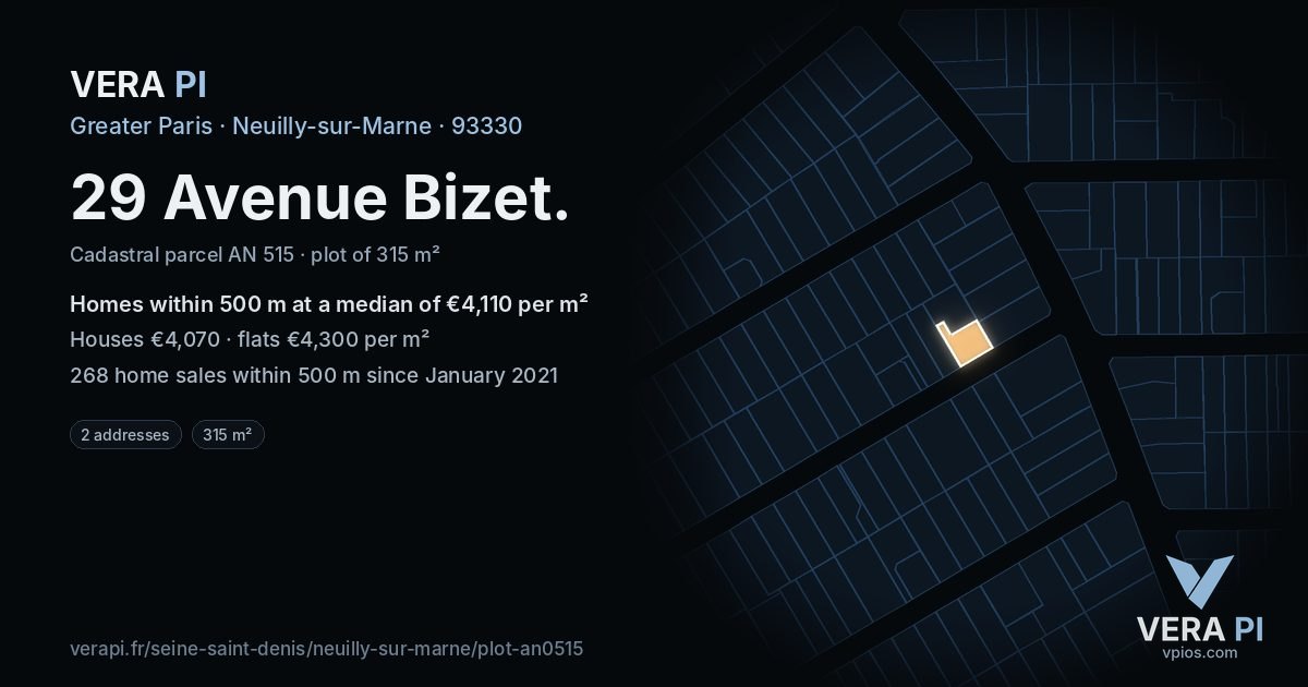 29 Avenue Bizet, Neuilly-sur-Marne at night – the plot lit, the parcels around coloured by the prices near them