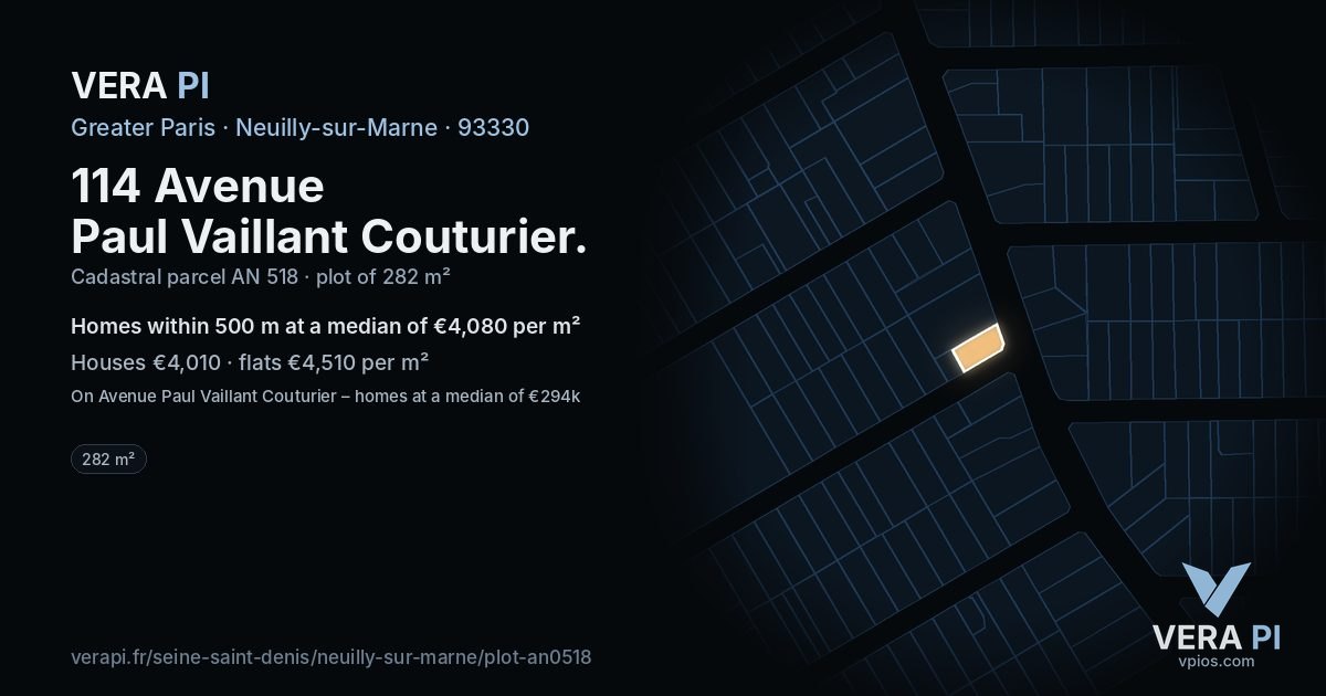 114 Avenue Paul Vaillant Couturier, Neuilly-sur-Marne at night – the plot lit, the parcels around coloured by the prices near them