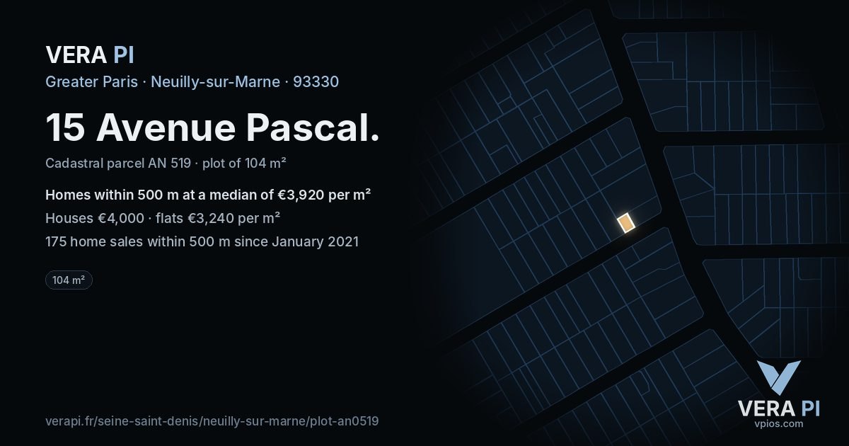 15 Avenue Pascal, Neuilly-sur-Marne at night – the plot lit, the parcels around coloured by the prices near them