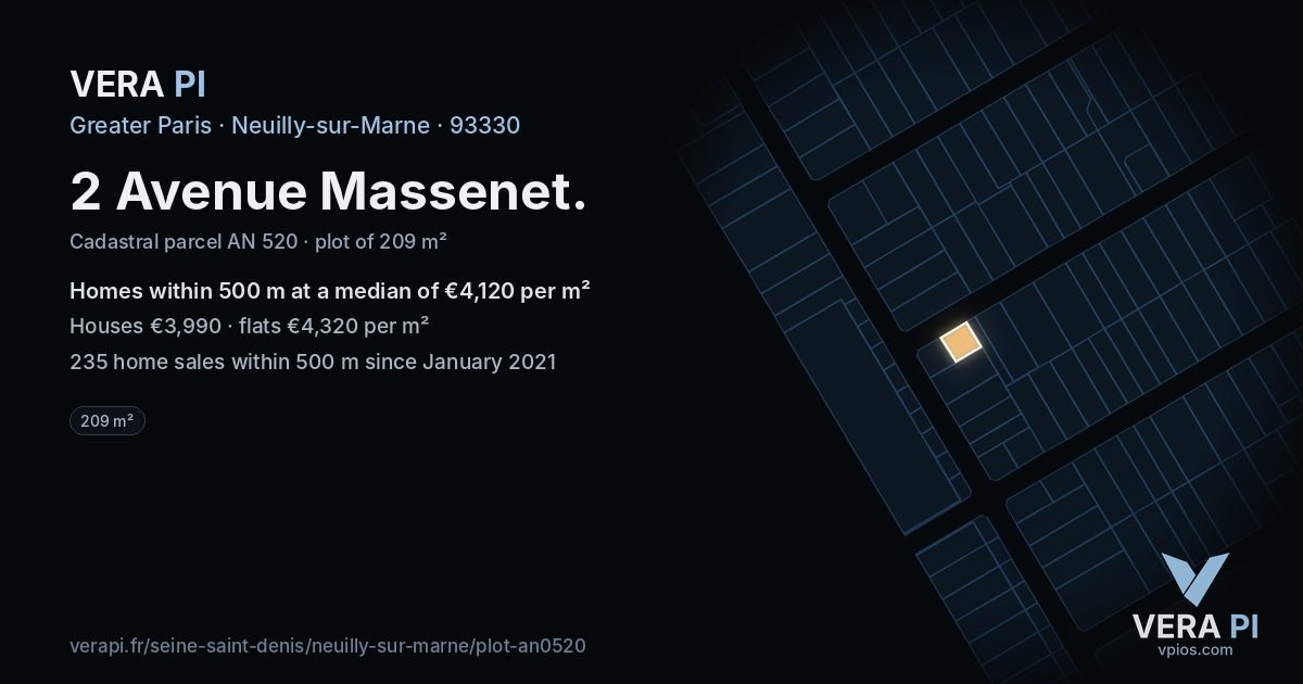 2 Avenue Massenet, Neuilly-sur-Marne at night – the plot lit, the parcels around coloured by the prices near them