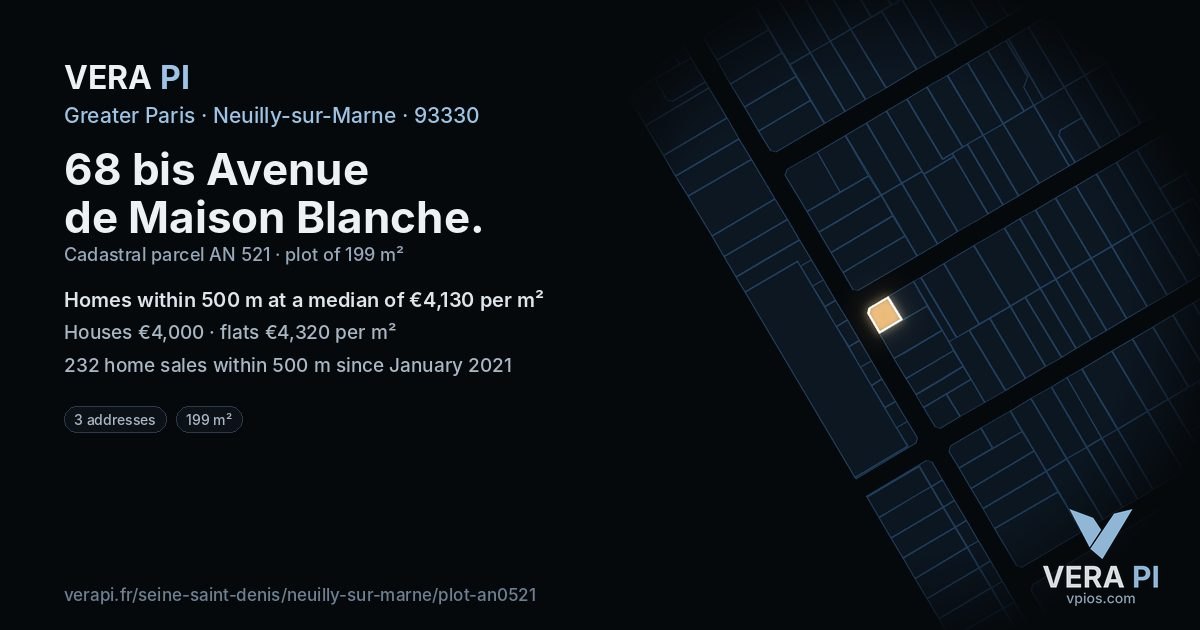 68 bis Avenue de Maison Blanche, Neuilly-sur-Marne at night – the plot lit, the parcels around coloured by the prices near them