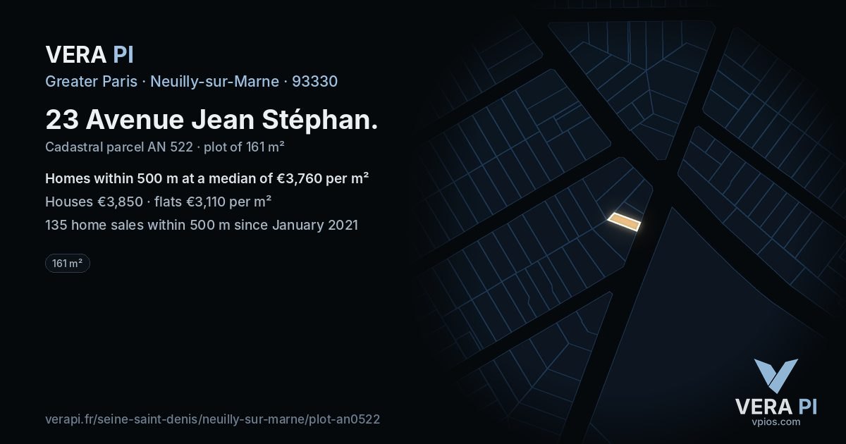 23 Avenue Jean Stéphan, Neuilly-sur-Marne at night – the plot lit, the parcels around coloured by the prices near them