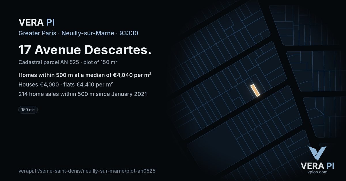 17 Avenue Descartes, Neuilly-sur-Marne at night – the plot lit, the parcels around coloured by the prices near them