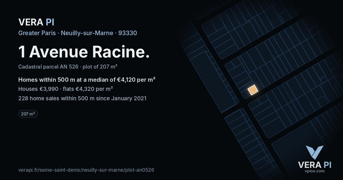 1 Avenue Racine, Neuilly-sur-Marne at night – the plot lit, the parcels around coloured by the prices near them