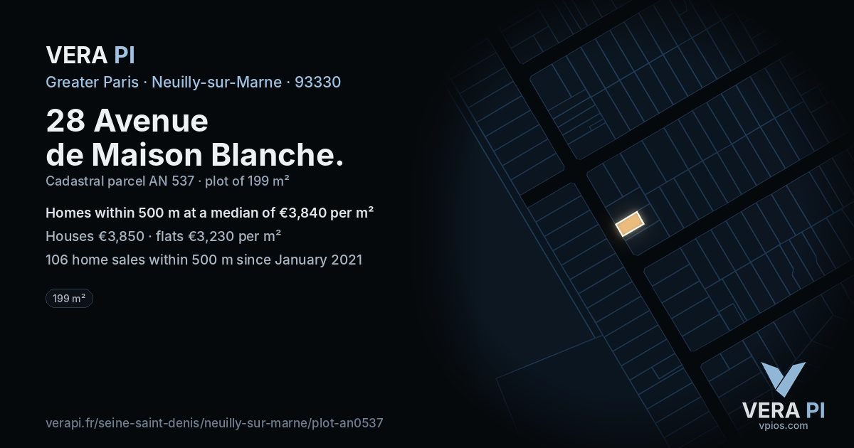 28 Avenue de Maison Blanche, Neuilly-sur-Marne at night – the plot lit, the parcels around coloured by the prices near them