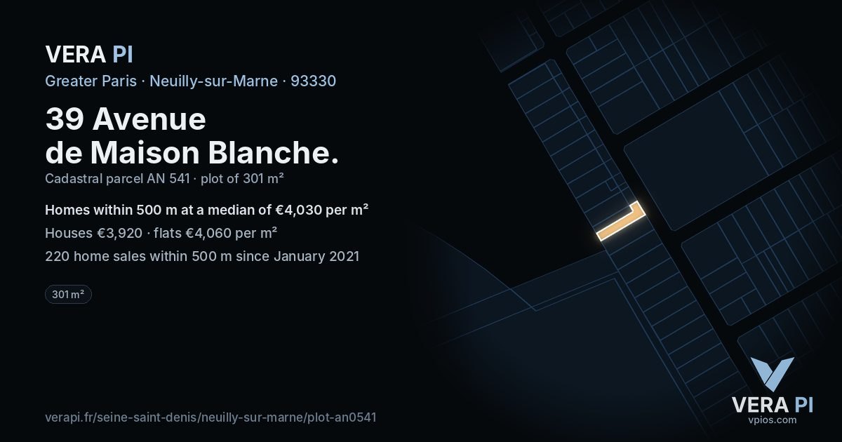 39 Avenue de Maison Blanche, Neuilly-sur-Marne at night – the plot lit, the parcels around coloured by the prices near them