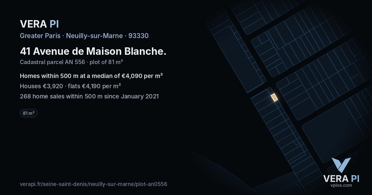 41 Avenue de Maison Blanche, Neuilly-sur-Marne at night – the plot lit, the parcels around coloured by the prices near them