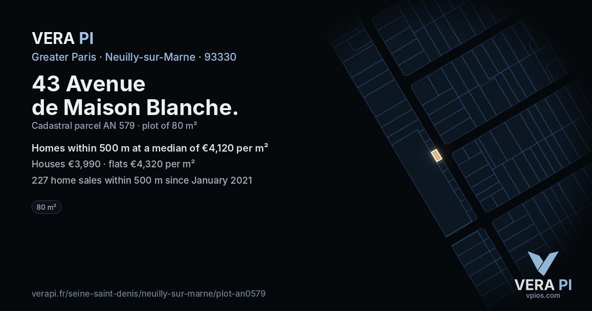 43 Avenue de Maison Blanche, Neuilly-sur-Marne at night – the plot lit, the parcels around coloured by the prices near them