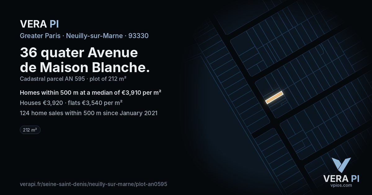 36 quater Avenue de Maison Blanche, Neuilly-sur-Marne at night – the plot lit, the parcels around coloured by the prices near them
