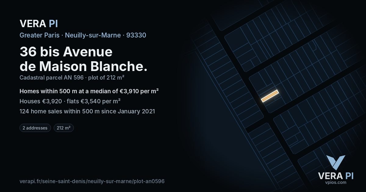 36 bis Avenue de Maison Blanche, Neuilly-sur-Marne at night – the plot lit, the parcels around coloured by the prices near them