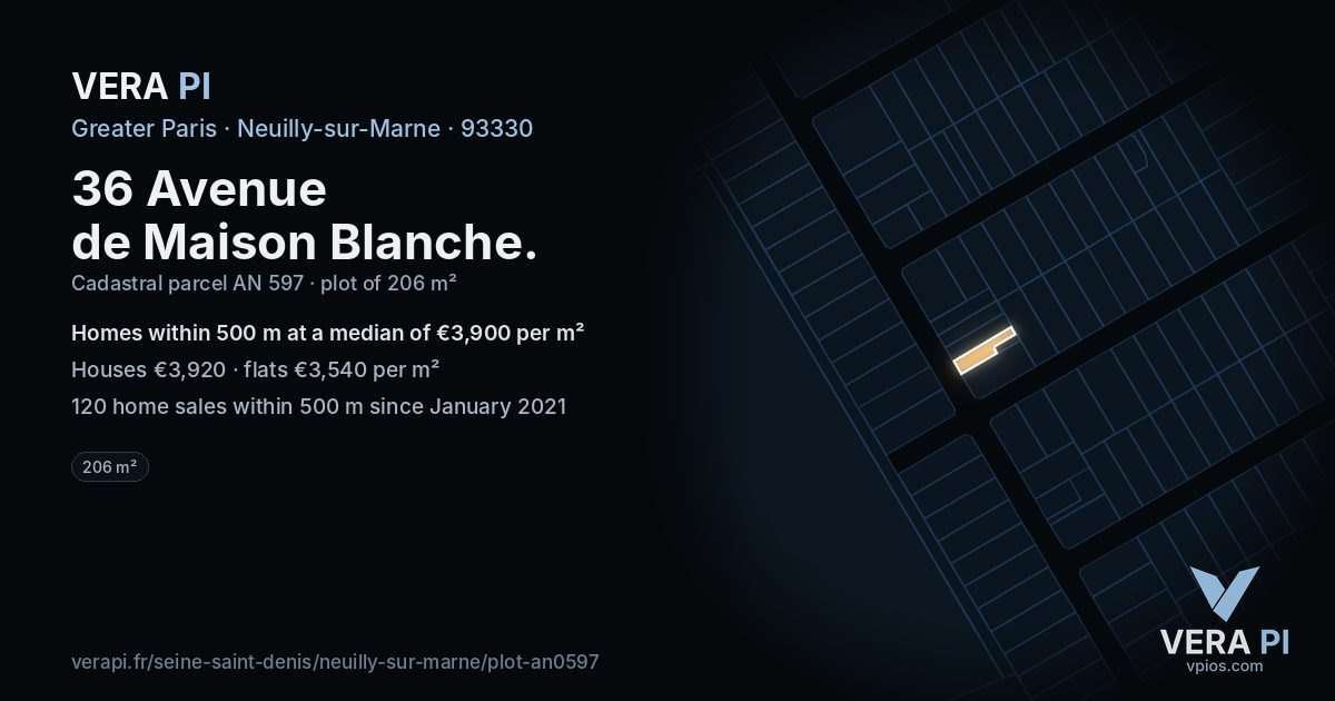 36 Avenue de Maison Blanche, Neuilly-sur-Marne at night – the plot lit, the parcels around coloured by the prices near them