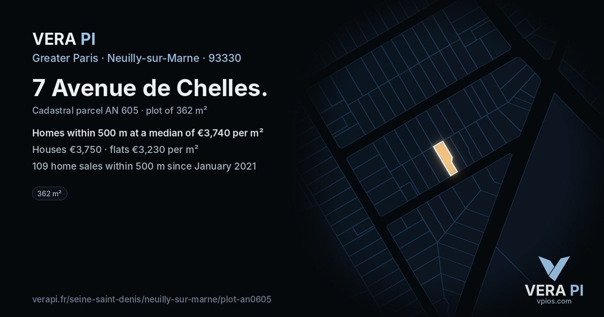 7 Avenue de Chelles, Neuilly-sur-Marne at night – the plot lit, the parcels around coloured by the prices near them