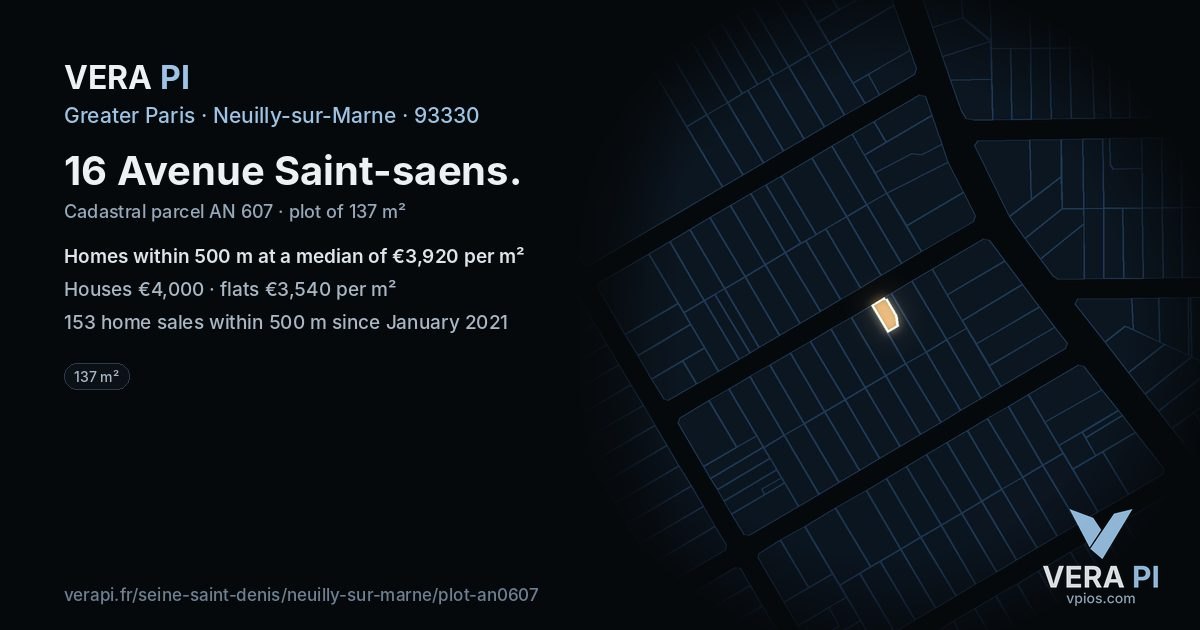 16 Avenue Saint-saens, Neuilly-sur-Marne at night – the plot lit, the parcels around coloured by the prices near them