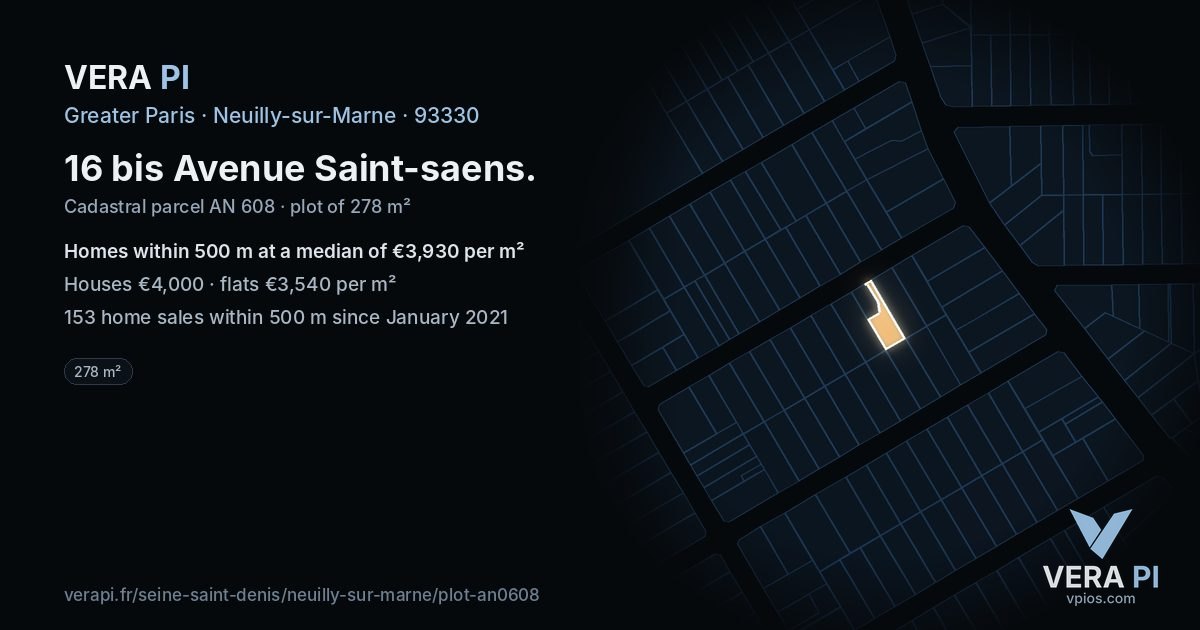 16 bis Avenue Saint-saens, Neuilly-sur-Marne at night – the plot lit, the parcels around coloured by the prices near them
