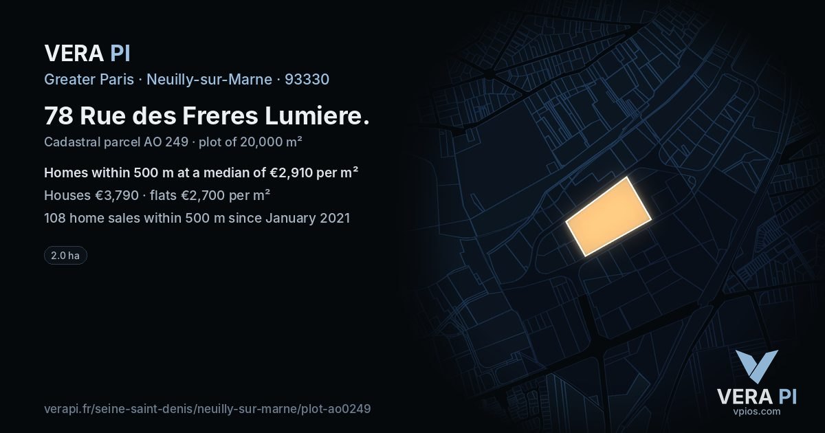 78 Rue des Freres Lumiere, Neuilly-sur-Marne at night – the plot lit, the parcels around coloured by the prices near them