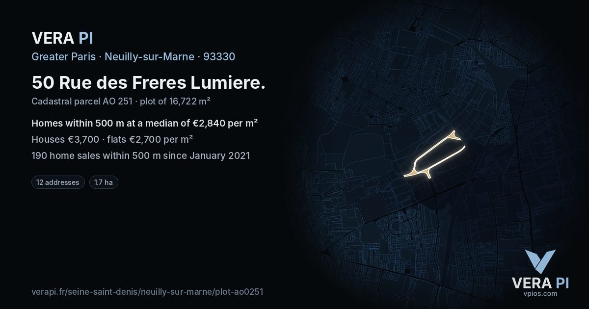 50 Rue des Freres Lumiere, Neuilly-sur-Marne at night – the plot lit, the parcels around coloured by the prices near them
