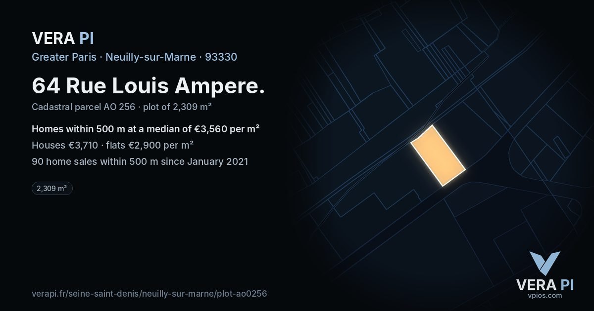 64 Rue Louis Ampere, Neuilly-sur-Marne at night – the plot lit, the parcels around coloured by the prices near them