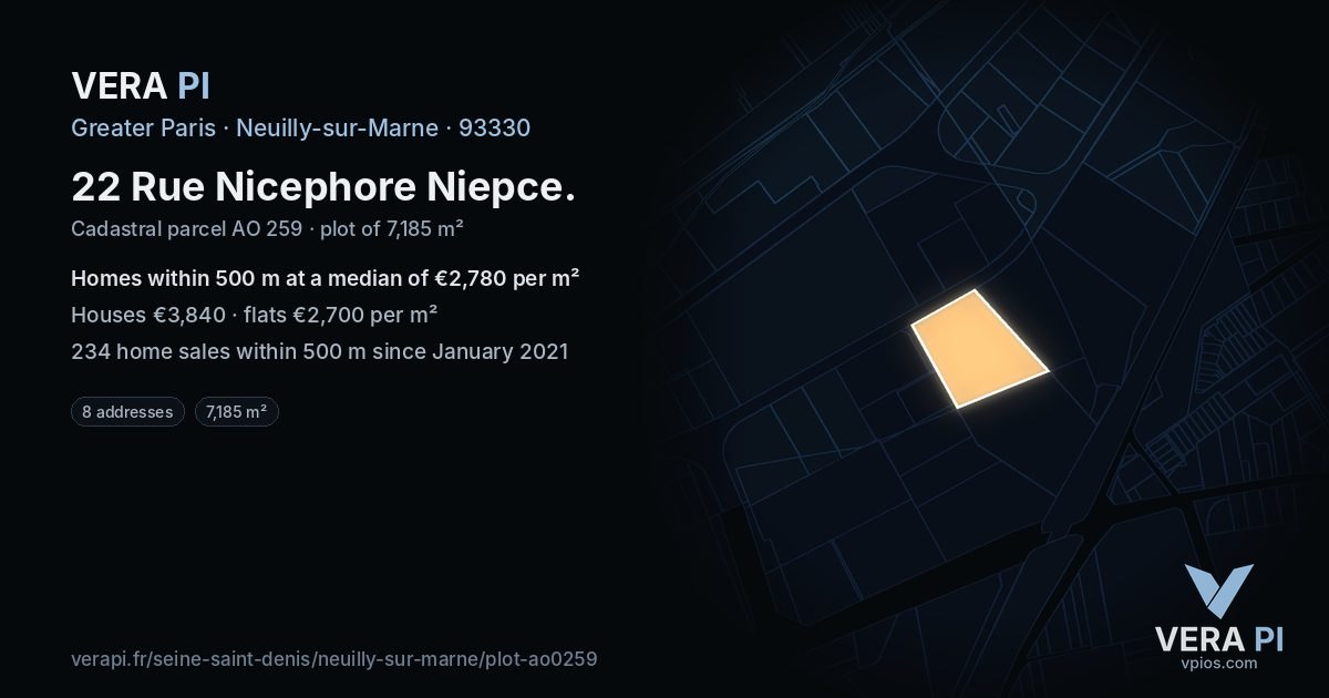 22 Rue Nicephore Niepce, Neuilly-sur-Marne at night – the plot lit, the parcels around coloured by the prices near them