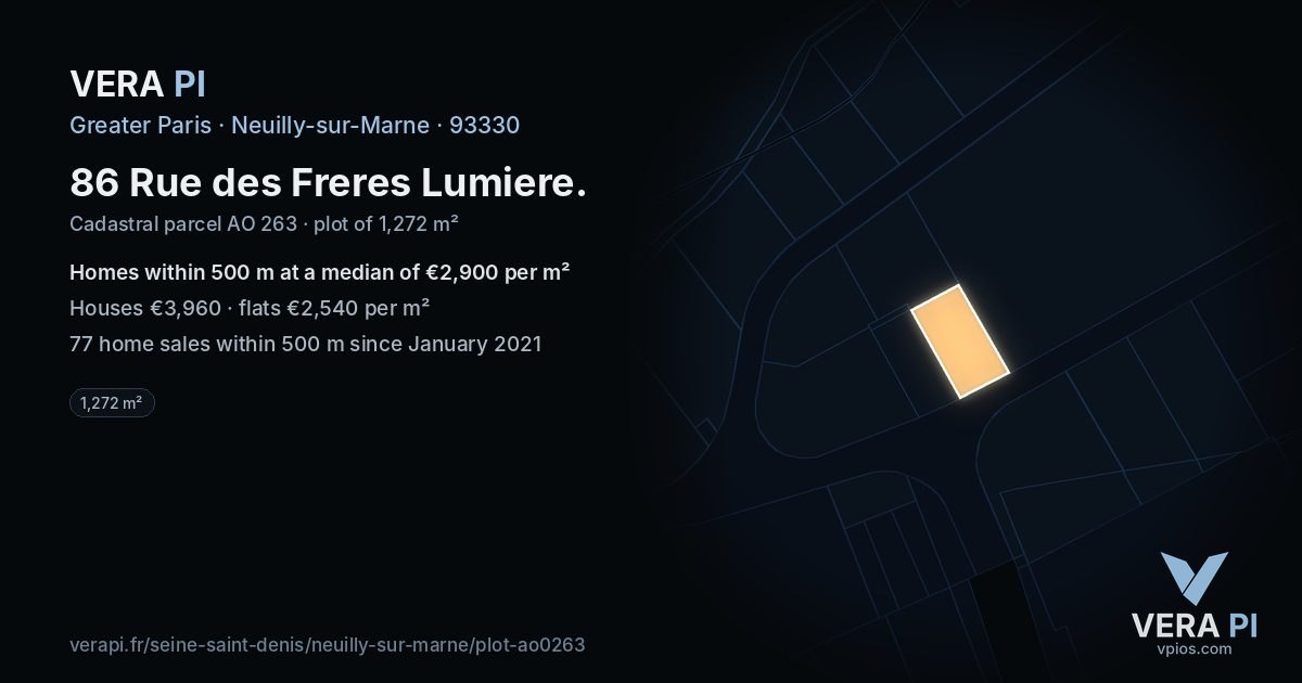 86 Rue des Freres Lumiere, Neuilly-sur-Marne at night – the plot lit, the parcels around coloured by the prices near them