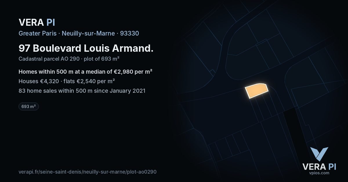 97 Boulevard Louis Armand, Neuilly-sur-Marne at night – the plot lit, the parcels around coloured by the prices near them