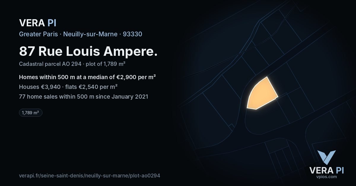 87 Rue Louis Ampere, Neuilly-sur-Marne at night – the plot lit, the parcels around coloured by the prices near them