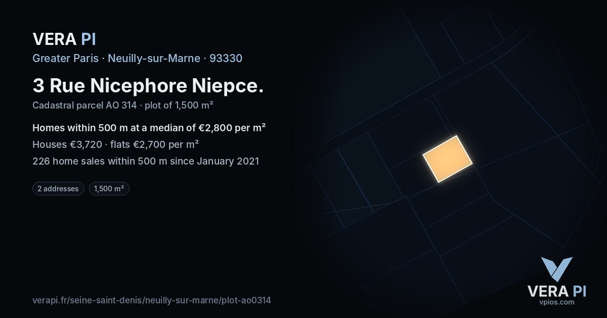 3 Rue Nicephore Niepce, Neuilly-sur-Marne at night – the plot lit, the parcels around coloured by the prices near them