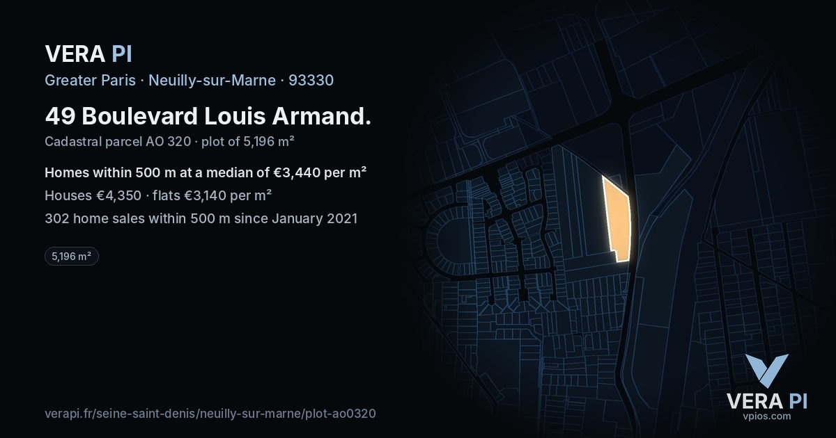 49 Boulevard Louis Armand, Neuilly-sur-Marne at night – the plot lit, the parcels around coloured by the prices near them