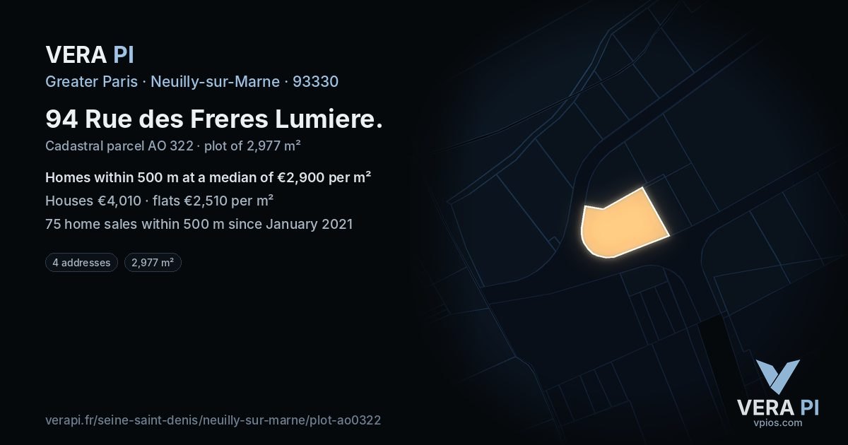 94 Rue des Freres Lumiere, Neuilly-sur-Marne at night – the plot lit, the parcels around coloured by the prices near them
