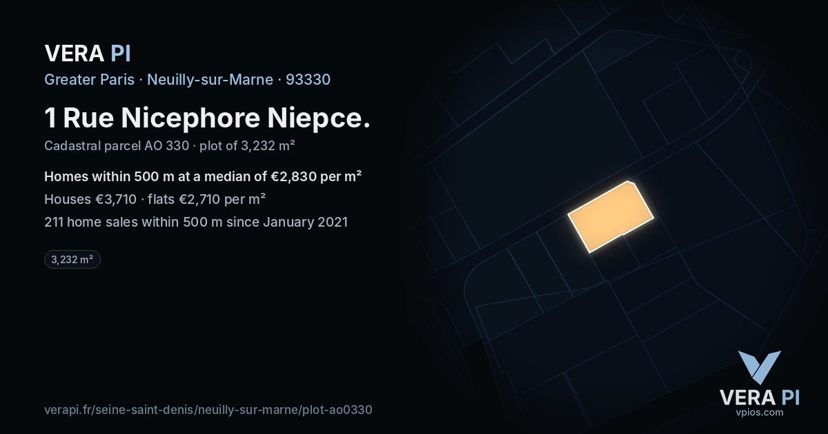 1 Rue Nicephore Niepce, Neuilly-sur-Marne at night – the plot lit, the parcels around coloured by the prices near them