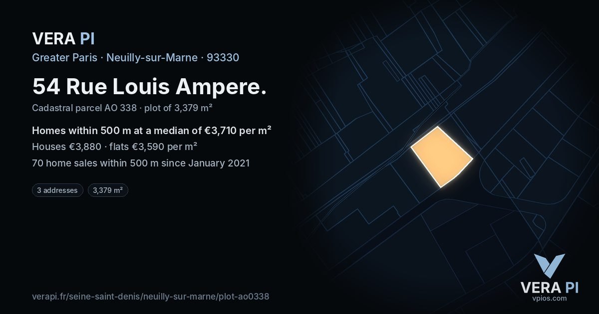 54 Rue Louis Ampere, Neuilly-sur-Marne at night – the plot lit, the parcels around coloured by the prices near them
