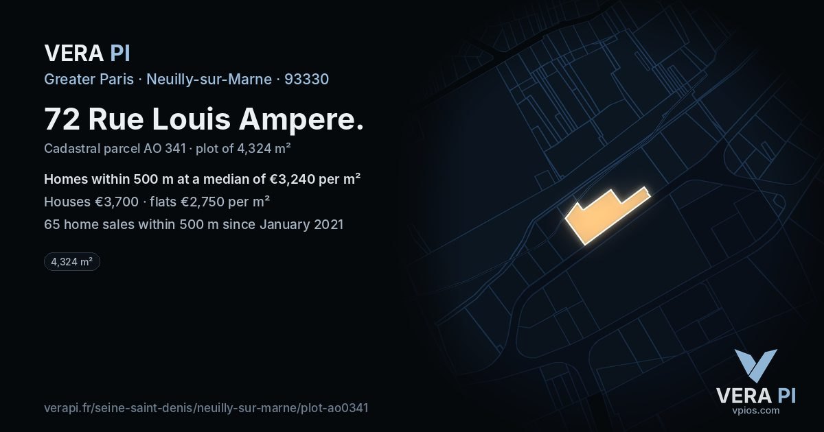 72 Rue Louis Ampere, Neuilly-sur-Marne at night – the plot lit, the parcels around coloured by the prices near them
