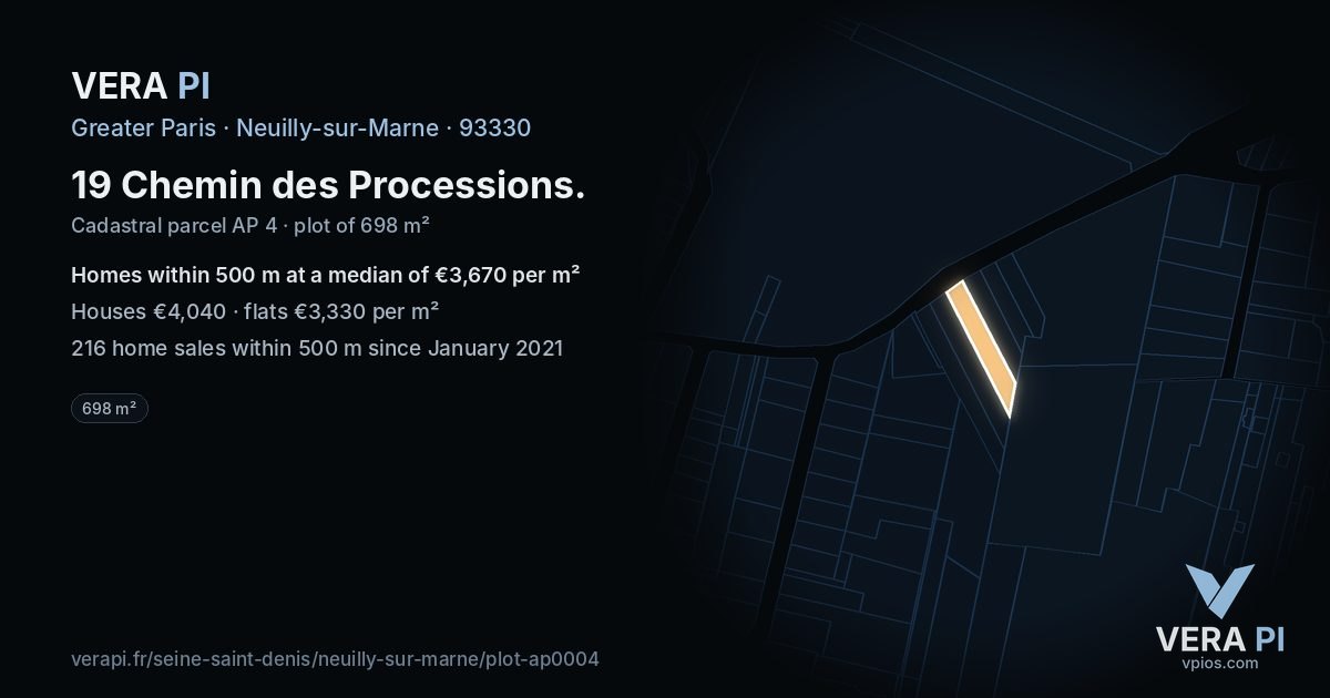 19 Chemin des Processions, Neuilly-sur-Marne at night – the plot lit, the parcels around coloured by the prices near them