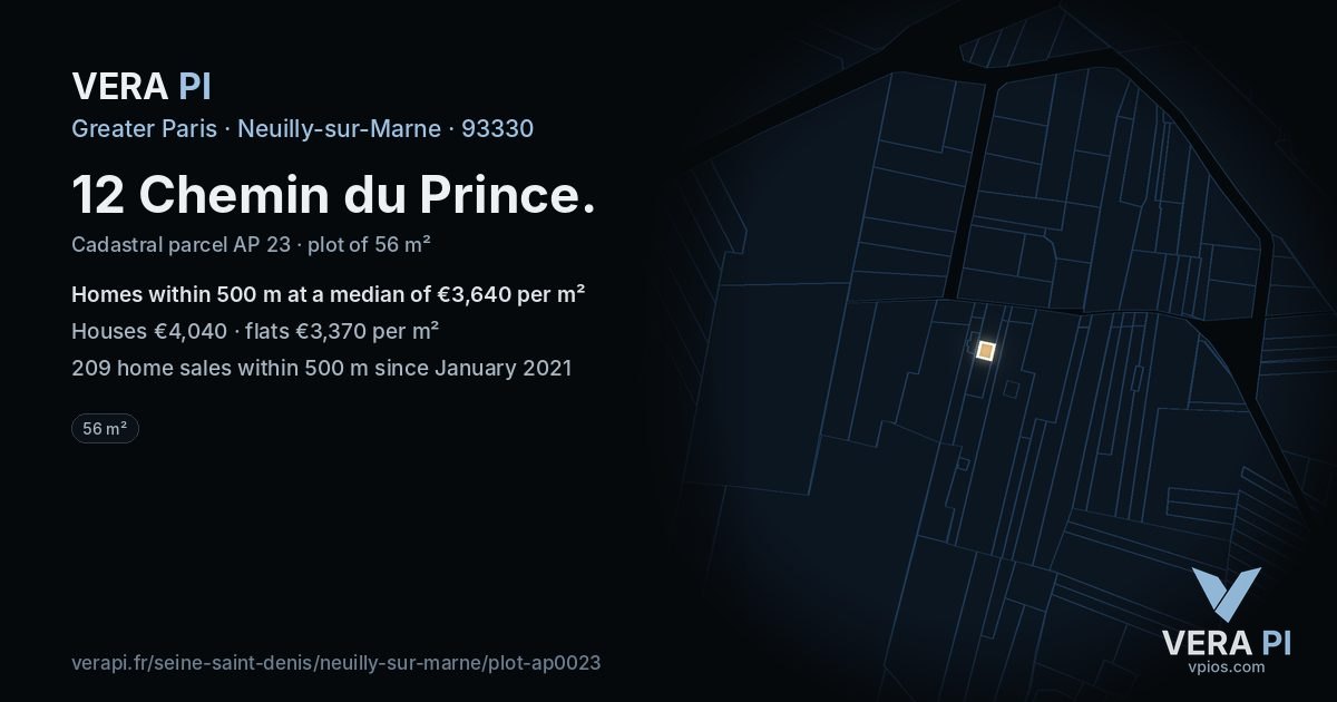 12 Chemin du Prince, Neuilly-sur-Marne at night – the plot lit, the parcels around coloured by the prices near them