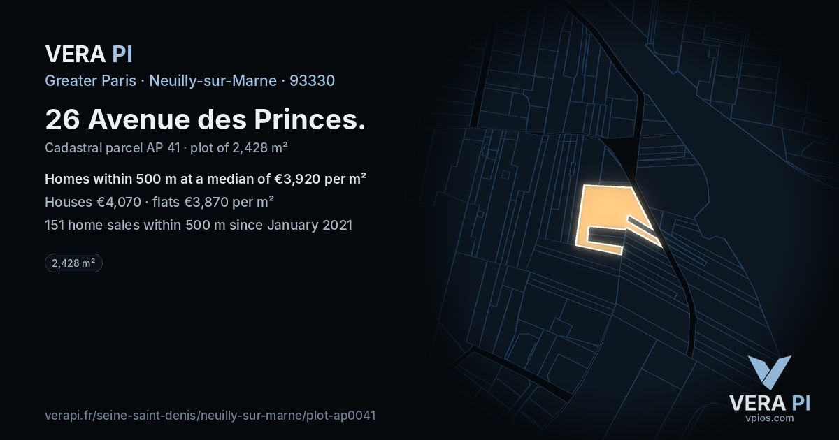 26 Avenue des Princes, Neuilly-sur-Marne at night – the plot lit, the parcels around coloured by the prices near them