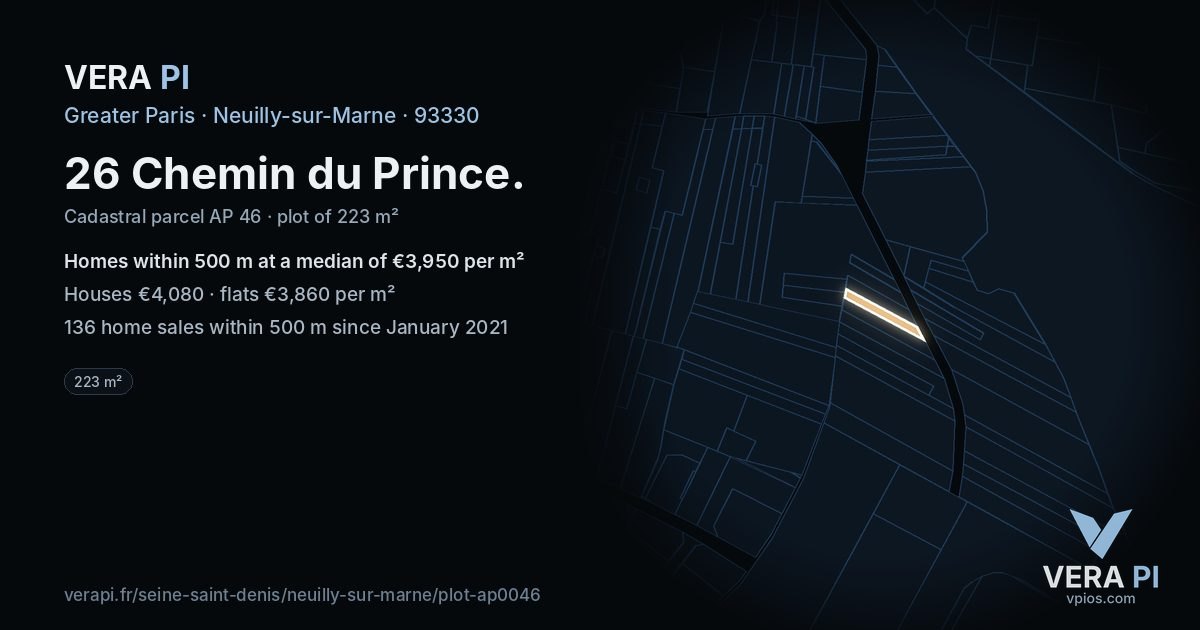 26 Chemin du Prince, Neuilly-sur-Marne at night – the plot lit, the parcels around coloured by the prices near them