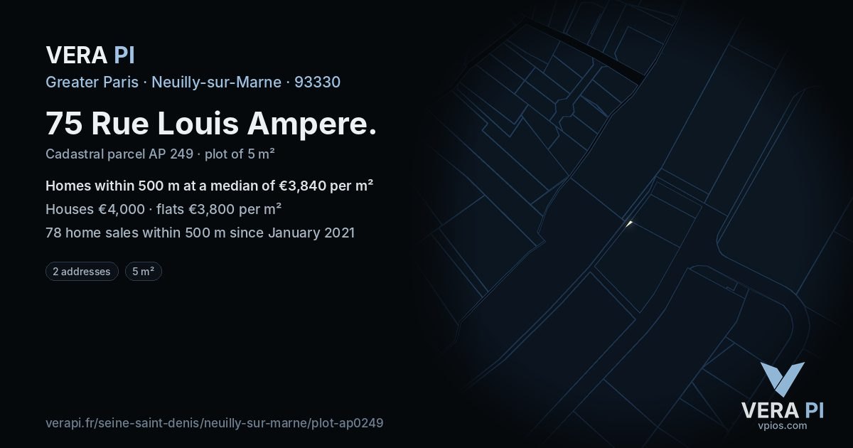 75 Rue Louis Ampere, Neuilly-sur-Marne at night – the plot lit, the parcels around coloured by the prices near them