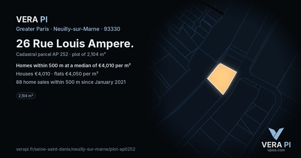 26 Rue Louis Ampere, Neuilly-sur-Marne at night – the plot lit, the parcels around coloured by the prices near them