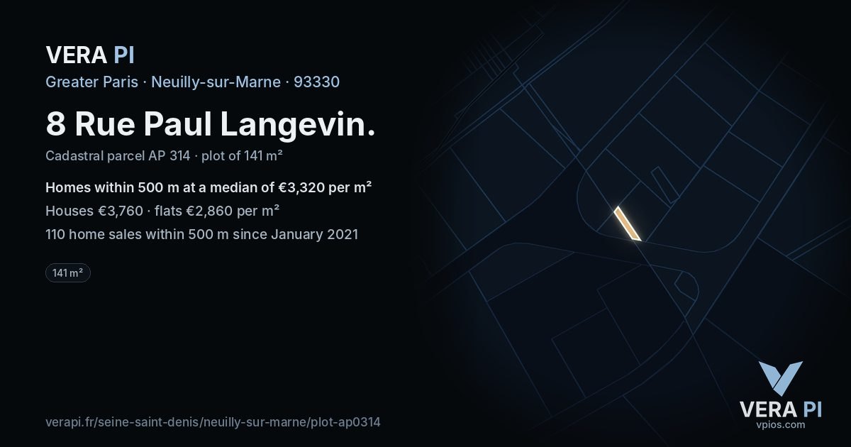 8 Rue Paul Langevin, Neuilly-sur-Marne at night – the plot lit, the parcels around coloured by the prices near them