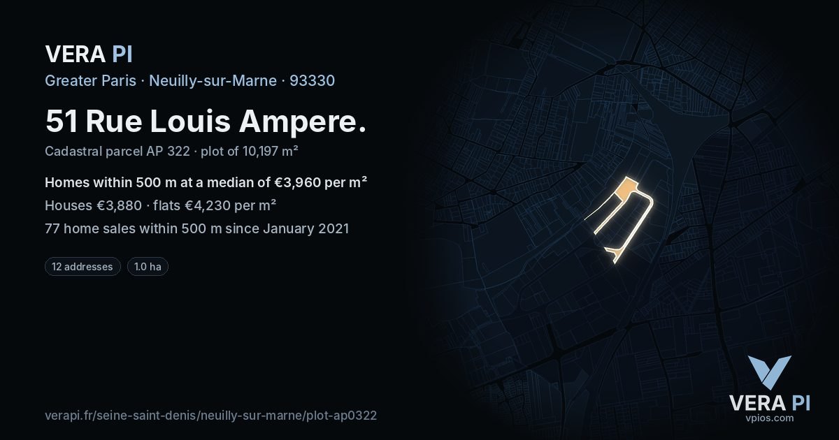 51 Rue Louis Ampere, Neuilly-sur-Marne at night – the plot lit, the parcels around coloured by the prices near them