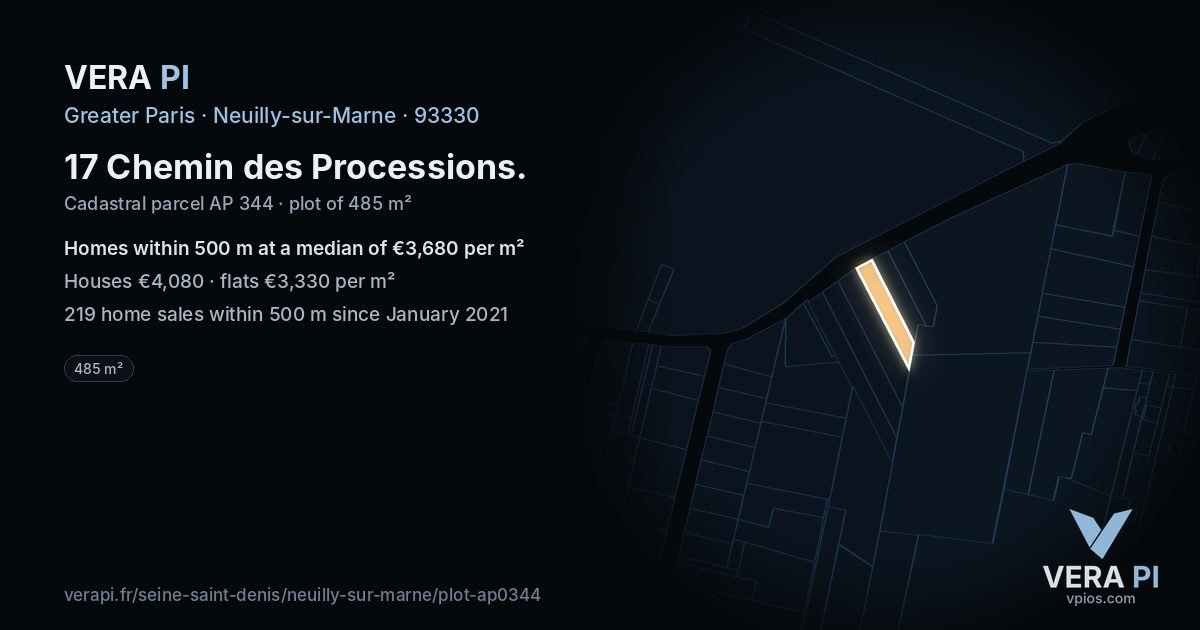 17 Chemin des Processions, Neuilly-sur-Marne at night – the plot lit, the parcels around coloured by the prices near them