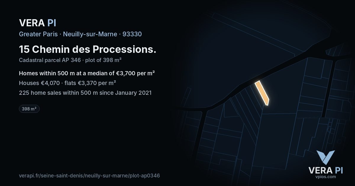 15 Chemin des Processions, Neuilly-sur-Marne at night – the plot lit, the parcels around coloured by the prices near them